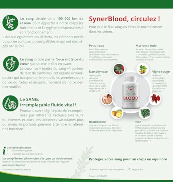 SynerBLOOD | Complément Circulatoire Naturel | NAC, Vigne Rouge, Petit Houx, Marron d’Inde, Nattokinase, Bromélaïne | 60 Gélules | 1 Mois | SynerJ Health – Image 4