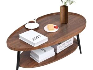 Table Basse Ovale Bois, Table Salon Basse Moderne Scandinave, Tables de Salon avec avec étagère 2 Niveaux, Tables Basses de Salon pour Salle de Séjour Chambre Bureau 100cm*55cm*38cm (Noyer)