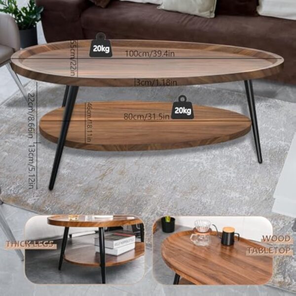 Table Basse Ovale Bois, Table Salon Basse Moderne Scandinave, Tables de Salon avec avec étagère 2 Niveaux, Tables Basses de Salon pour Salle de Séjour Chambre Bureau 100cm*55cm*38cm (Noyer) – Image 3