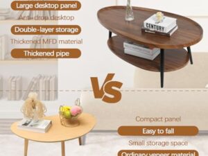 Table Basse Ovale Bois, Table Salon Basse Moderne Scandinave, Tables de Salon avec avec étagère 2 Niveaux, Tables Basses de Salon pour Salle de Séjour Chambre Bureau 100cm*55cm*38cm (Noyer)
