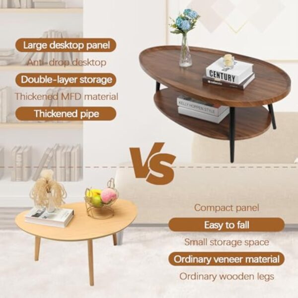 Table Basse Ovale Bois, Table Salon Basse Moderne Scandinave, Tables de Salon avec avec étagère 2 Niveaux, Tables Basses de Salon pour Salle de Séjour Chambre Bureau 100cm*55cm*38cm (Noyer) – Image 5