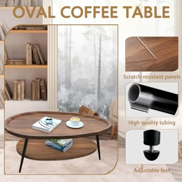 Table Basse Ovale Bois, Table Salon Basse Moderne Scandinave, Tables de Salon avec avec étagère 2 Niveaux, Tables Basses de Salon pour Salle de Séjour Chambre Bureau 100cm*55cm*38cm (Noyer) – Image 6