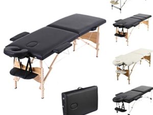 Table de massage portable légère avec trou pour le visage pliable en 2 sections pour le traitement, salon de tatouage, thérapie, spa facial en bois noir, tête et accoudoirs réglables