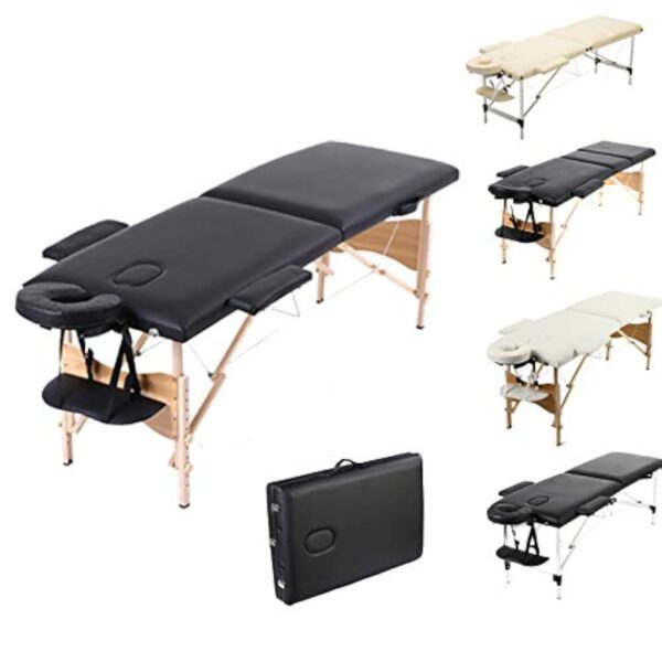Table de massage portable légère avec trou pour le visage pliable en 2 sections pour le traitement, salon de tatouage, thérapie, spa facial en bois noir, tête et accoudoirs réglables