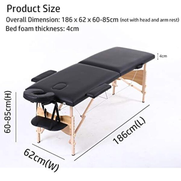 Table de massage portable légère avec trou pour le visage pliable en 2 sections pour le traitement, salon de tatouage, thérapie, spa facial en bois noir, tête et accoudoirs réglables – Image 3