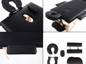 Table de massage portable légère avec trou pour le visage pliable en 2 sections pour le traitement, salon de tatouage, thérapie, spa facial en bois noir, tête et accoudoirs réglables