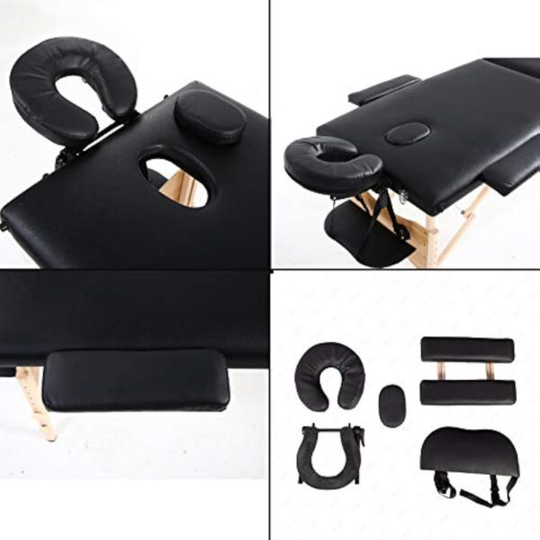 Table de massage portable légère avec trou pour le visage pliable en 2 sections pour le traitement, salon de tatouage, thérapie, spa facial en bois noir, tête et accoudoirs réglables – Image 5