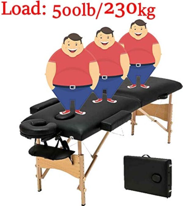 Table de massage portable légère avec trou pour le visage pliable en 2 sections pour le traitement, salon de tatouage, thérapie, spa facial en bois noir, tête et accoudoirs réglables – Image 8