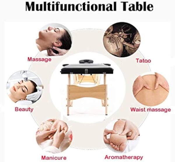 Table de massage portable légère avec trou pour le visage pliable en 2 sections pour le traitement, salon de tatouage, thérapie, spa facial en bois noir, tête et accoudoirs réglables – Image 9