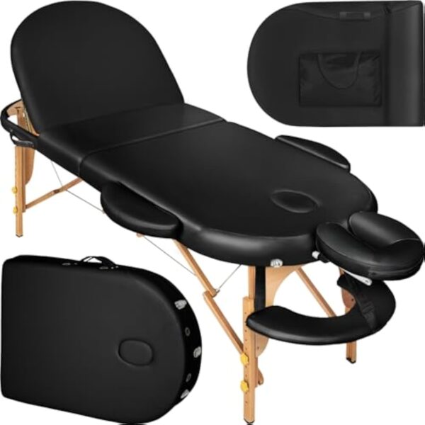 TecTake® Table de Massage Pliante Professionnelle 3 Zones Massage et Relaxation Bois Table Esthetique Professionnel Lit de Massage Portable Appuie-tête Ergonomique, Housse de Transport - Noir