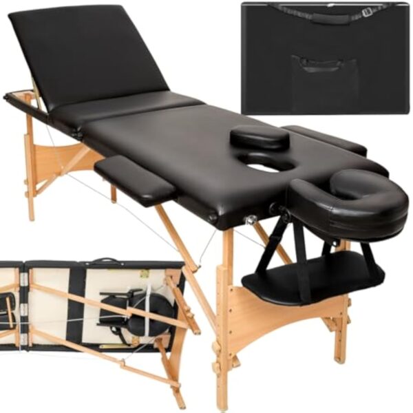 TecTake® Table de Massage Pliante Professionnelle 3 Zones Massage et Relaxation Bois Table Esthetique Professionnel Cosmetique Lit de Massage Portable Repose Bras & Housse de Transport - Noir – Image 2