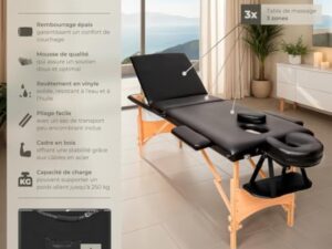 TecTake® Table de Massage Pliante Professionnelle 3 Zones Massage et Relaxation Bois Table Esthetique Professionnel Cosmetique Lit de Massage Portable Repose Bras & Housse de Transport - Noir
