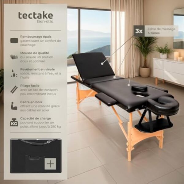 TecTake® Table de Massage Pliante Professionnelle 3 Zones Massage et Relaxation Bois Table Esthetique Professionnel Cosmetique Lit de Massage Portable Repose Bras & Housse de Transport - Noir – Image 4