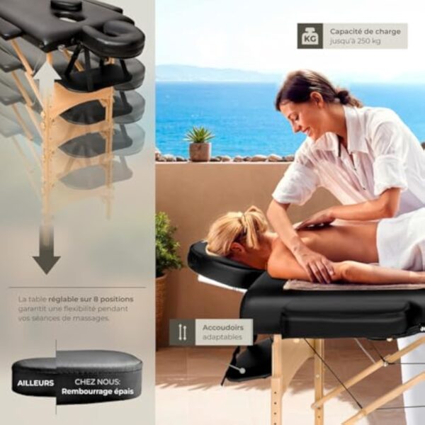 TecTake® Table de Massage Pliante Professionnelle 3 Zones Massage et Relaxation Bois Table Esthetique Professionnel Cosmetique Lit de Massage Portable Repose Bras & Housse de Transport - Noir – Image 6