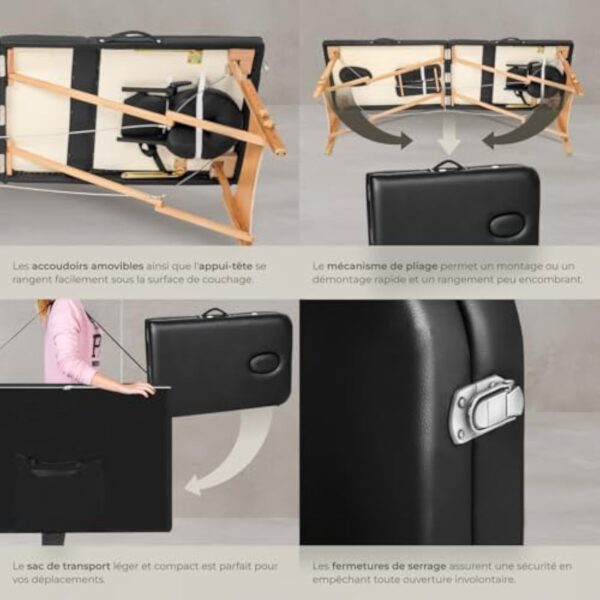 TecTake® Table de Massage Pliante Professionnelle 3 Zones Massage et Relaxation Bois Table Esthetique Professionnel Cosmetique Lit de Massage Portable Repose Bras & Housse de Transport - Noir – Image 7
