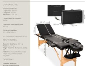 TecTake® Table de Massage Pliante Professionnelle 3 Zones Massage et Relaxation Bois Table Esthetique Professionnel Cosmetique Lit de Massage Portable Repose Bras & Housse de Transport - Noir