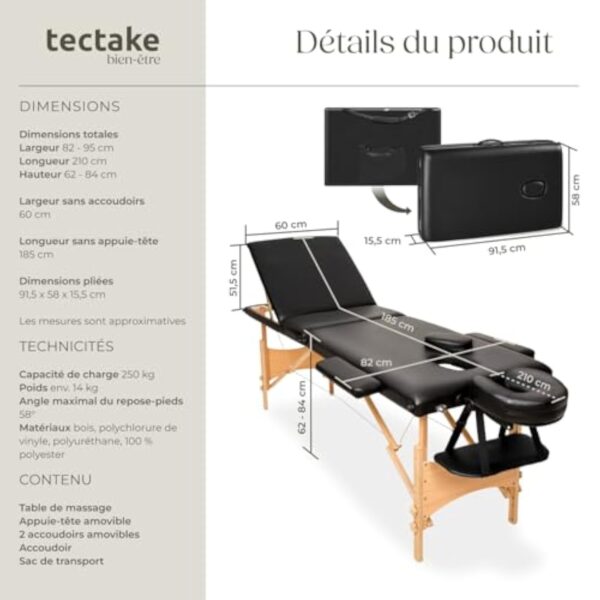 TecTake® Table de Massage Pliante Professionnelle 3 Zones Massage et Relaxation Bois Table Esthetique Professionnel Cosmetique Lit de Massage Portable Repose Bras & Housse de Transport - Noir – Image 8