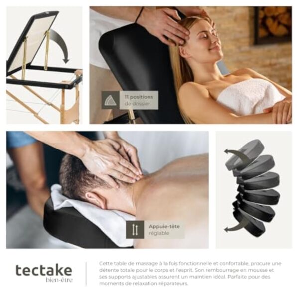TecTake® Table de Massage Pliante Professionnelle 3 Zones Massage et Relaxation Bois Table Esthetique Professionnel Cosmetique Lit de Massage Portable Repose Bras & Housse de Transport - Noir – Image 9
