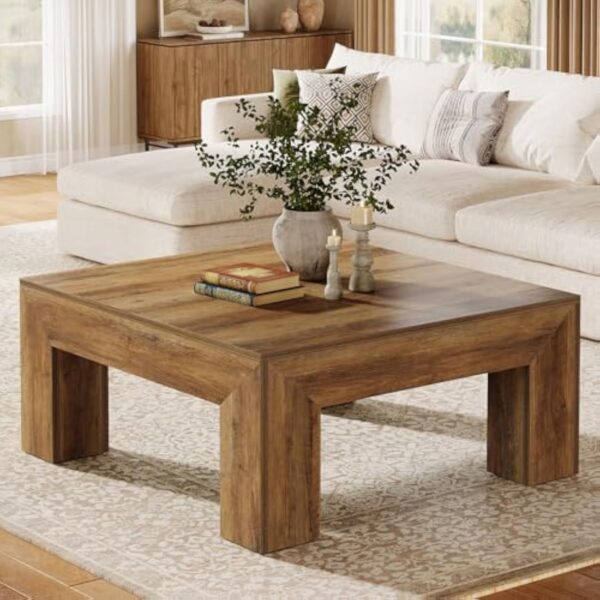 Tribesigns Table Basse Carrée pour Salon, 100 x 100 x 50 cm, Table de Salon Bois, Table d'appoint Farmhouse en MDF avec Pieds en Bois Robustes, Marron Rustique