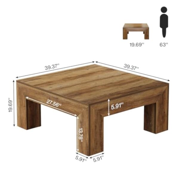 Tribesigns Table Basse Carrée pour Salon, 100 x 100 x 50 cm, Table de Salon Bois, Table d'appoint Farmhouse en MDF avec Pieds en Bois Robustes, Marron Rustique – Image 3