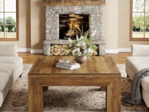 Tribesigns Table Basse Carrée pour Salon, 100 x 100 x 50 cm, Table de Salon Bois, Table d'appoint Farmhouse en MDF avec Pieds en Bois Robustes, Marron Rustique