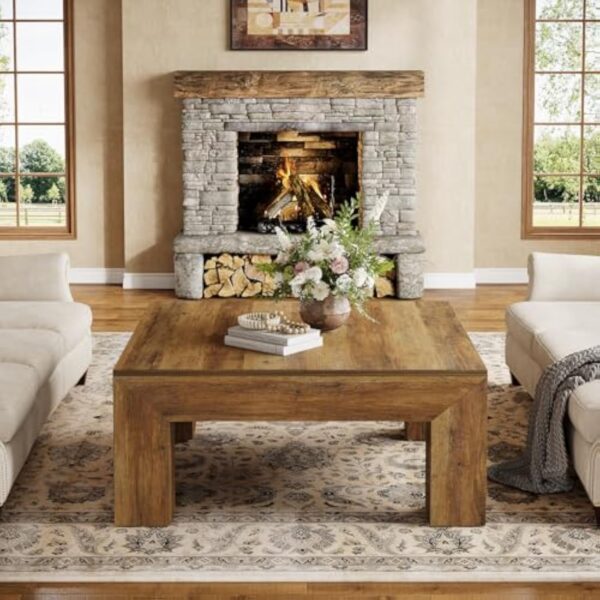 Tribesigns Table Basse Carrée pour Salon, 100 x 100 x 50 cm, Table de Salon Bois, Table d'appoint Farmhouse en MDF avec Pieds en Bois Robustes, Marron Rustique – Image 4