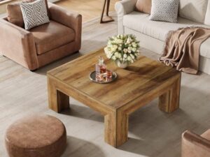 Tribesigns Table Basse Carrée pour Salon, 100 x 100 x 50 cm, Table de Salon Bois, Table d'appoint Farmhouse en MDF avec Pieds en Bois Robustes, Marron Rustique