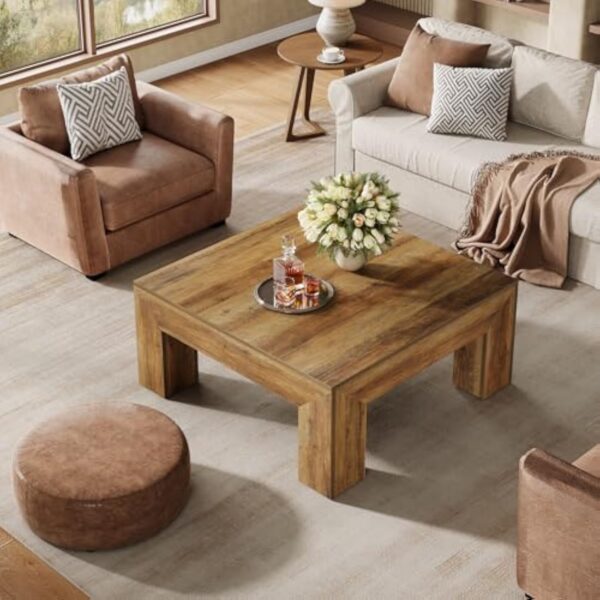 Tribesigns Table Basse Carrée pour Salon, 100 x 100 x 50 cm, Table de Salon Bois, Table d'appoint Farmhouse en MDF avec Pieds en Bois Robustes, Marron Rustique – Image 5