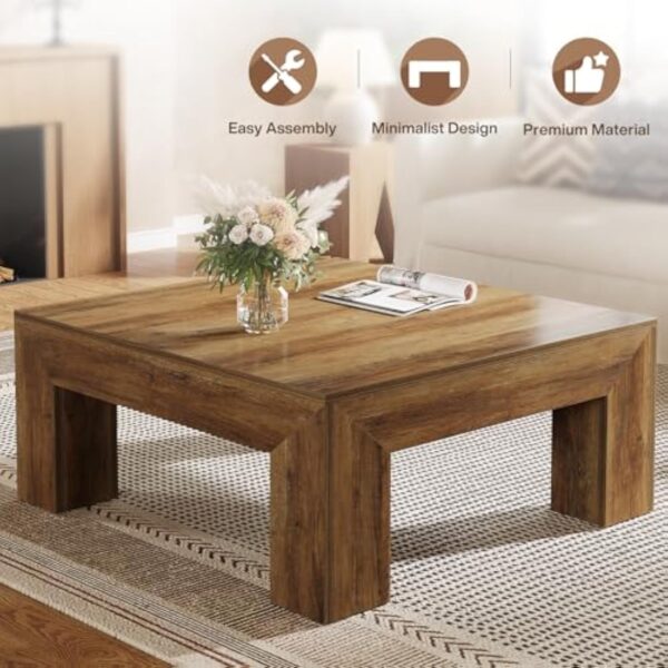 Tribesigns Table Basse Carrée pour Salon, 100 x 100 x 50 cm, Table de Salon Bois, Table d'appoint Farmhouse en MDF avec Pieds en Bois Robustes, Marron Rustique – Image 6