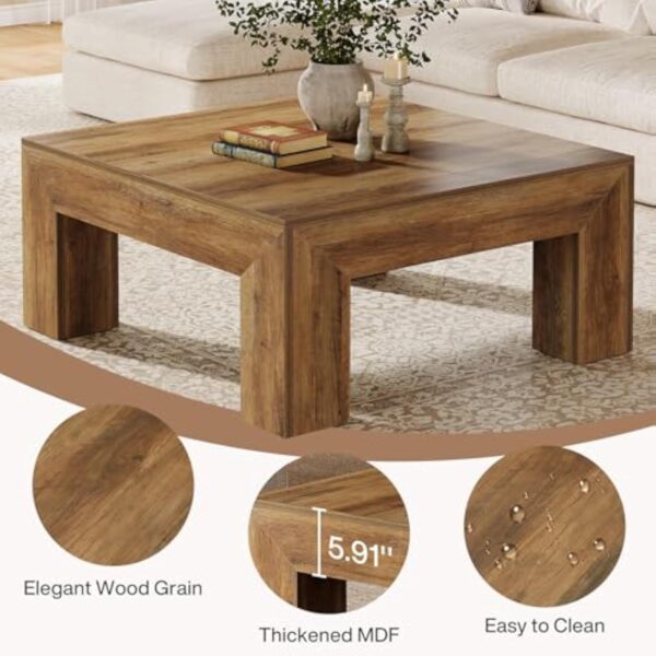 Tribesigns Table Basse Carrée pour Salon, 100 x 100 x 50 cm, Table de Salon Bois, Table d'appoint Farmhouse en MDF avec Pieds en Bois Robustes, Marron Rustique – Image 7