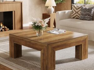 Tribesigns Table Basse Carrée pour Salon, 100 x 100 x 50 cm, Table de Salon Bois, Table d'appoint Farmhouse en MDF avec Pieds en Bois Robustes, Marron Rustique