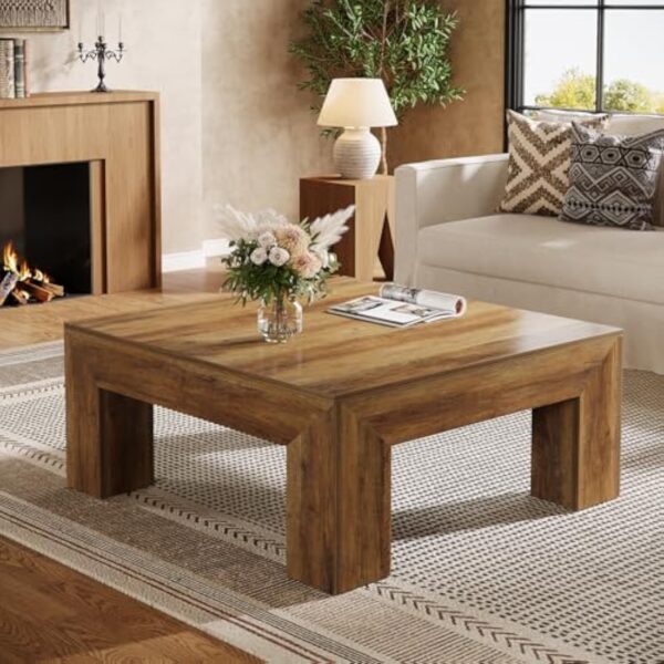 Tribesigns Table Basse Carrée pour Salon, 100 x 100 x 50 cm, Table de Salon Bois, Table d'appoint Farmhouse en MDF avec Pieds en Bois Robustes, Marron Rustique – Image 8