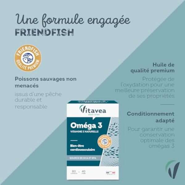 VITAVEA BIEN-ETRE - Omega 3 Vitamine E Naturelle - Huile de Poissons Sauvages Qualité Premium - Source d'EPA et DHA - Bien-être cardiovasculaire - 80 Capsules - 40 jours - Fabriqué en France – Image 3