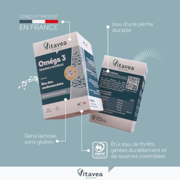 VITAVEA BIEN-ETRE - Omega 3 Vitamine E Naturelle - Huile de Poissons Sauvages Qualité Premium - Source d'EPA et DHA - Bien-être cardiovasculaire - 80 Capsules - 40 jours - Fabriqué en France – Image 4