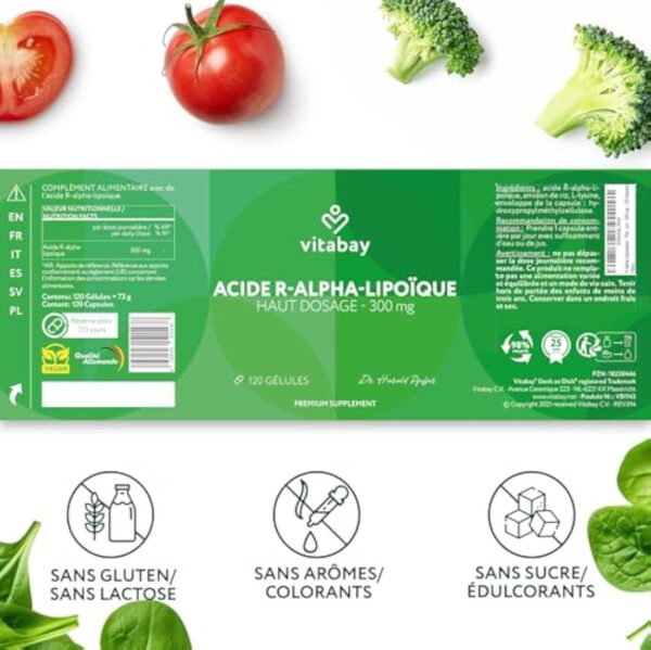 Vitabay Alpha Lipoic Acid 300 mg - 120 Gélules d'Acide Alpha-Lipoïque Végan et sans Additifs à Haut Dosage et à Libération Prolongée - ALA aux Huiles de Lin, Colza et Noix - Vérifié en Laboratoire – Image 7