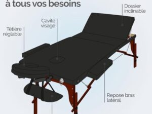 Vivezen - Table de Massage Pliante 3 Zones en Bois foncé avec Panneau Reiki + Accessoires et Housse de Transport - Noir