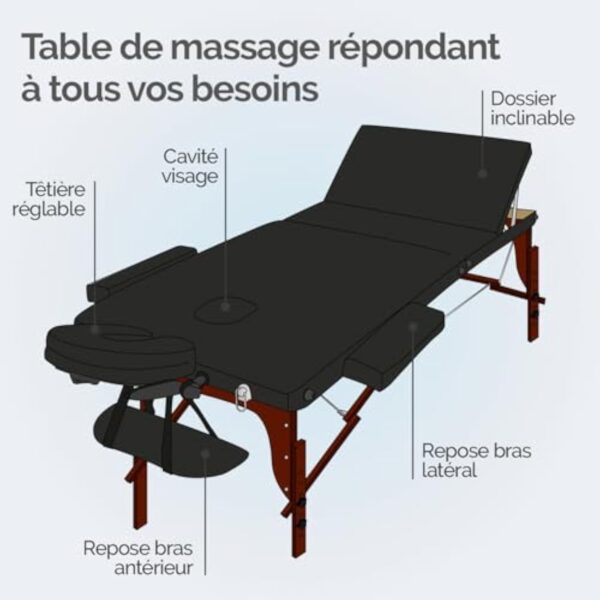 Vivezen - Table de Massage Pliante 3 Zones en Bois foncé avec Panneau Reiki + Accessoires et Housse de Transport - Noir – Image 4