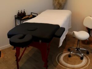 Vivezen - Table de Massage Pliante 2 Zones en Bois foncé avec Panneau Reiki + Accessoires et Housse de Transport - Noir