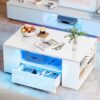 YITAHOME Table Basse Blanche Brillante avec éclairage LED 16 Couleurs Moderne, Table d'appoint Blanche avec étagère d'exposition Ouverte et 2 tiroirs Extensibles, 95 x 55 x 37 cm
