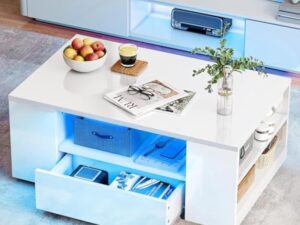 YITAHOME Table Basse Blanche Brillante avec éclairage LED 16 Couleurs Moderne, Table d'appoint Blanche avec étagère d'exposition Ouverte et 2 tiroirs Extensibles, 95 x 55 x 37 cm