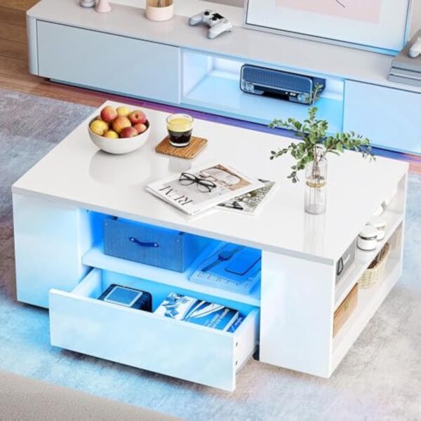 YITAHOME Table Basse Blanche Brillante avec éclairage LED 16 Couleurs Moderne, Table d'appoint Blanche avec étagère d'exposition Ouverte et 2 tiroirs Extensibles, 95 x 55 x 37 cm – Image 2
