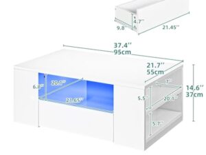 YITAHOME Table Basse Blanche Brillante avec éclairage LED 16 Couleurs Moderne, Table d'appoint Blanche avec étagère d'exposition Ouverte et 2 tiroirs Extensibles, 95 x 55 x 37 cm
