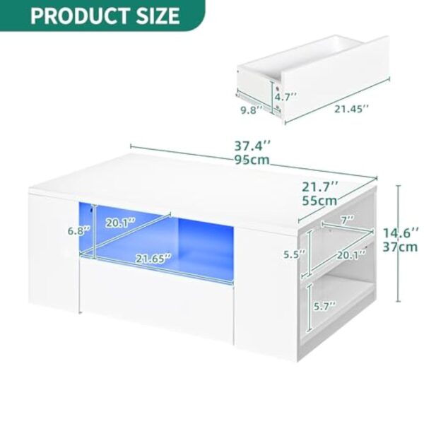 YITAHOME Table Basse Blanche Brillante avec éclairage LED 16 Couleurs Moderne, Table d'appoint Blanche avec étagère d'exposition Ouverte et 2 tiroirs Extensibles, 95 x 55 x 37 cm – Image 3
