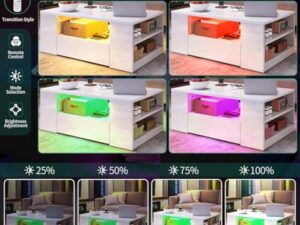 YITAHOME Table Basse Blanche Brillante avec éclairage LED 16 Couleurs Moderne, Table d'appoint Blanche avec étagère d'exposition Ouverte et 2 tiroirs Extensibles, 95 x 55 x 37 cm