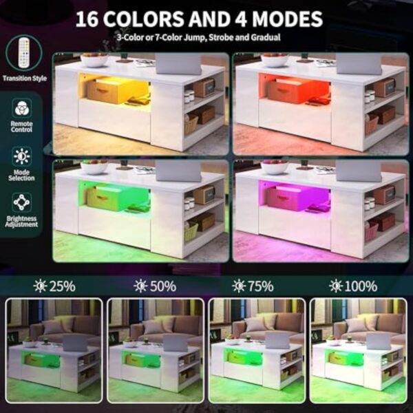YITAHOME Table Basse Blanche Brillante avec éclairage LED 16 Couleurs Moderne, Table d'appoint Blanche avec étagère d'exposition Ouverte et 2 tiroirs Extensibles, 95 x 55 x 37 cm – Image 4