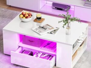 YITAHOME Table Basse Blanche Brillante avec éclairage LED 16 Couleurs Moderne, Table d'appoint Blanche avec étagère d'exposition Ouverte et 2 tiroirs Extensibles, 95 x 55 x 37 cm