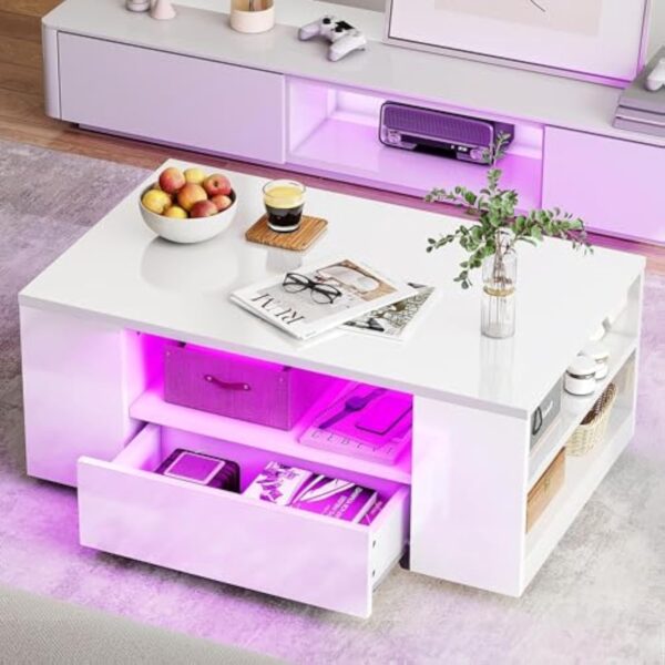 YITAHOME Table Basse Blanche Brillante avec éclairage LED 16 Couleurs Moderne, Table d'appoint Blanche avec étagère d'exposition Ouverte et 2 tiroirs Extensibles, 95 x 55 x 37 cm – Image 6