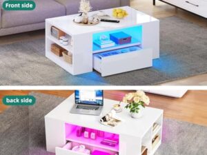 YITAHOME Table Basse Blanche Brillante avec éclairage LED 16 Couleurs Moderne, Table d'appoint Blanche avec étagère d'exposition Ouverte et 2 tiroirs Extensibles, 95 x 55 x 37 cm