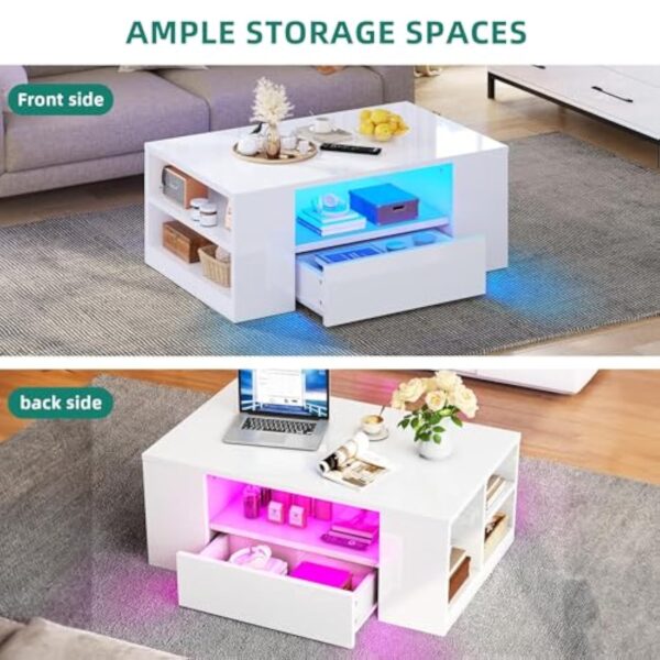 YITAHOME Table Basse Blanche Brillante avec éclairage LED 16 Couleurs Moderne, Table d'appoint Blanche avec étagère d'exposition Ouverte et 2 tiroirs Extensibles, 95 x 55 x 37 cm – Image 8
