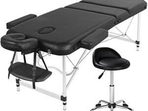 Yaheetech Ensemble de Table de Massage avec Tabouret de Massage à roulettes Réglable 46,5-61 cm Pivotant Lit de Massage Pliable réglable en Hauteur avec appuie-tête Noir